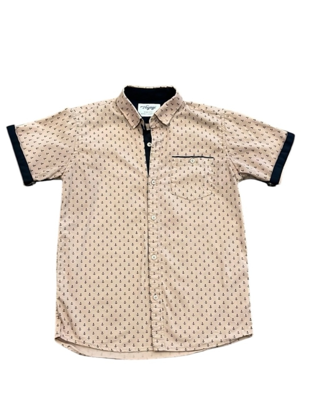 nautical short sleeve pink button down coastal navy blue anchor pattern YL